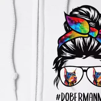 Doberman dog mom messy bun hair glasses Dobie Mom messy bun Full Zip Hoodie