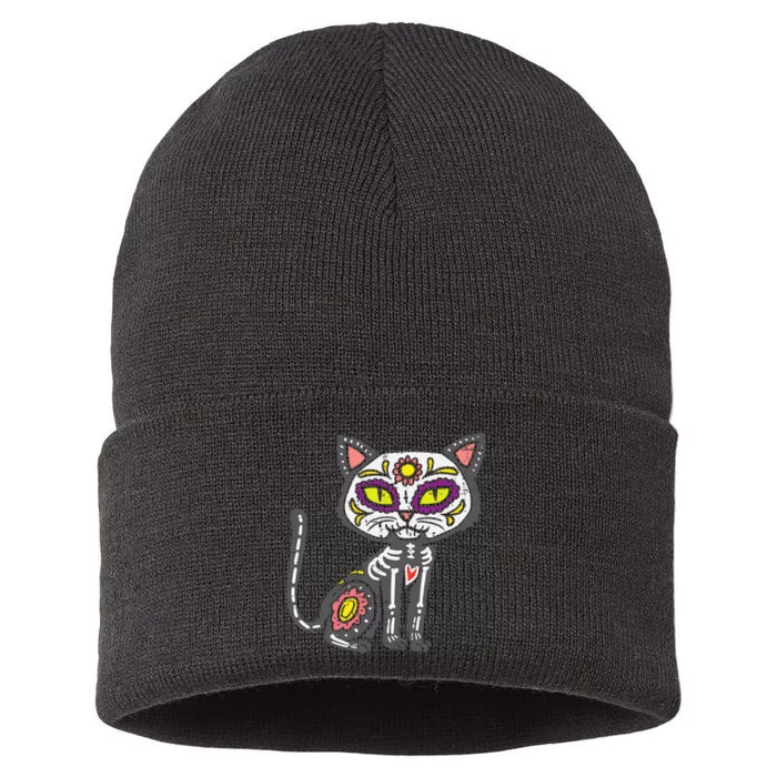 Dia De Muertos Sugar Skull Cat Halloween Decoration Sustainable Knit Beanie