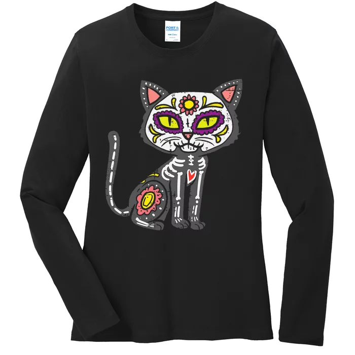 Dia De Muertos Sugar Skull Cat Halloween Decoration Ladies Long Sleeve Shirt