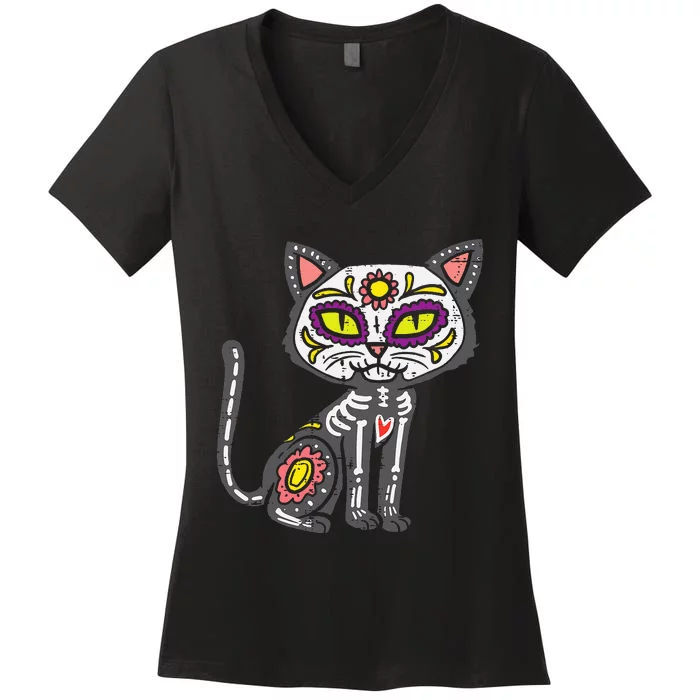 Dia De Muertos Sugar Skull Cat Halloween Decoration Women's V-Neck T-Shirt