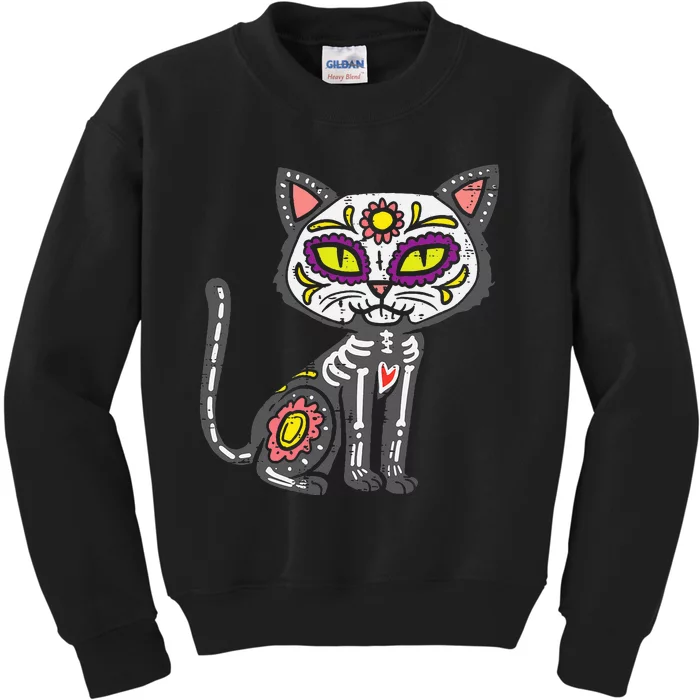 Dia De Muertos Sugar Skull Cat Halloween Decoration Kids Sweatshirt