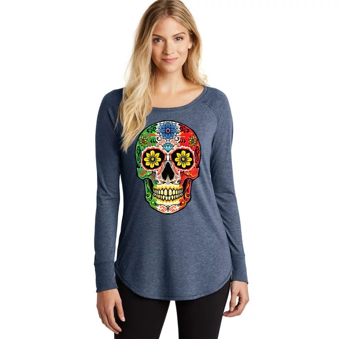 Dia De Muertos Cinco De Mayo Sugar Skull Mexican Flag Women's Perfect Tri Tunic Long Sleeve Shirt