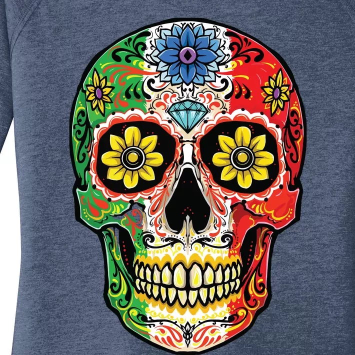 Dia De Muertos Cinco De Mayo Sugar Skull Mexican Flag Women's Perfect Tri Tunic Long Sleeve Shirt