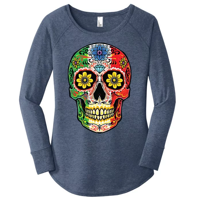 Dia De Muertos Cinco De Mayo Sugar Skull Mexican Flag Women's Perfect Tri Tunic Long Sleeve Shirt