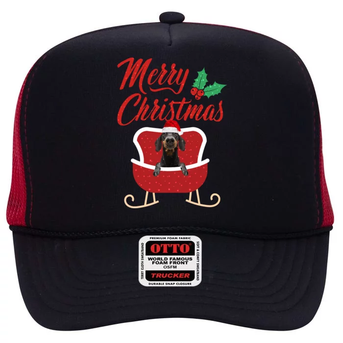 Dachshund Dog Merry Christmas Design For The Holiday Season! High Crown Mesh Trucker Hat