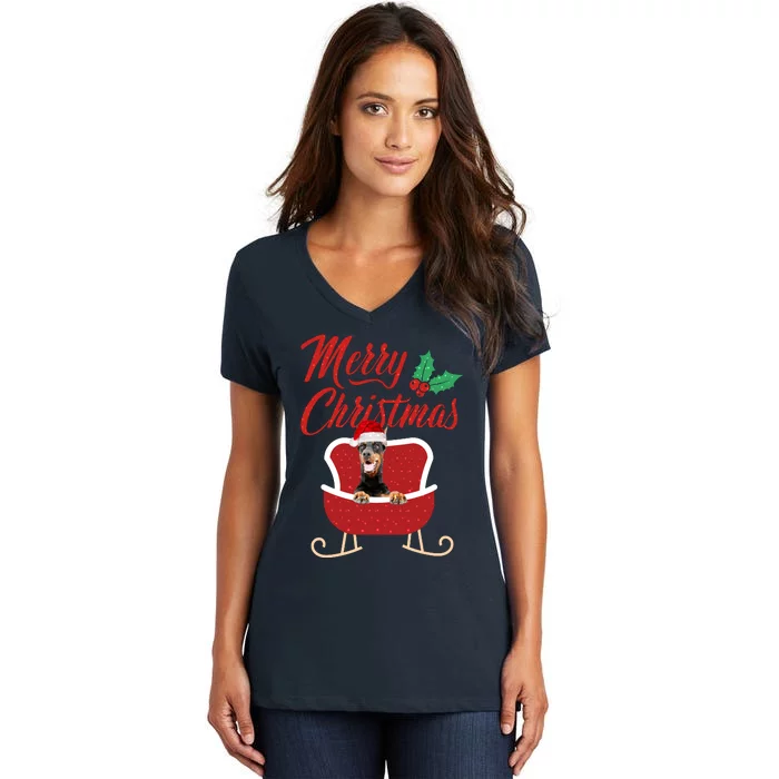 Dobermann Dog Merry Christmas Design For The Holiday Season! Women's V-Neck T-Shirt