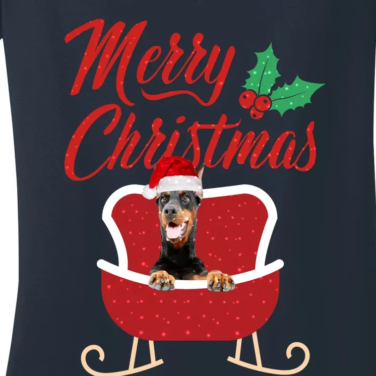 Dobermann Dog Merry Christmas Design For The Holiday Season! Women's V-Neck T-Shirt