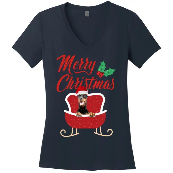 Dobermann Dog Merry Christmas Design For The Holiday Season! Women's V-Neck T-Shirt