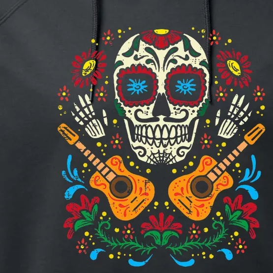 Dia De Muertos Mexican Halloween Sugar Skull Flowers Guitar Performance Fleece Hoodie