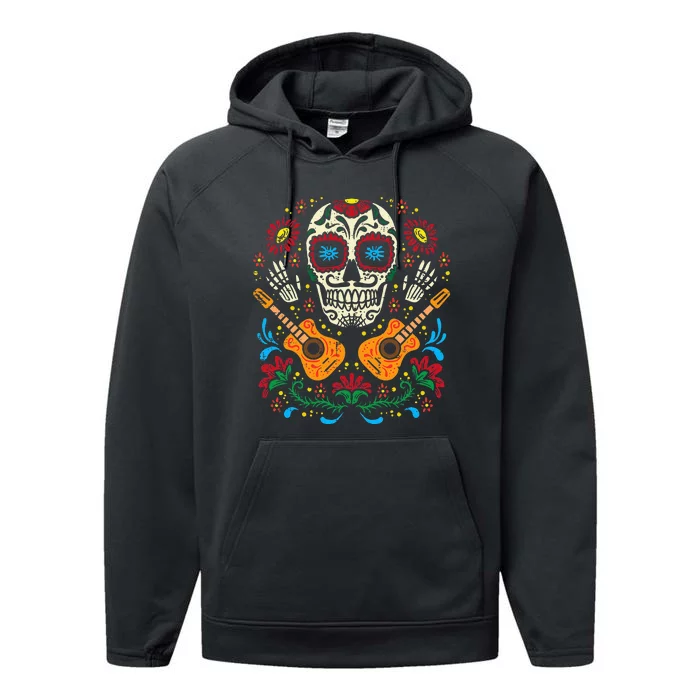 Dia De Muertos Mexican Halloween Sugar Skull Flowers Guitar Performance Fleece Hoodie