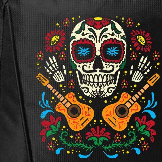 Dia De Muertos Mexican Halloween Sugar Skull Flowers Guitar City Backpack