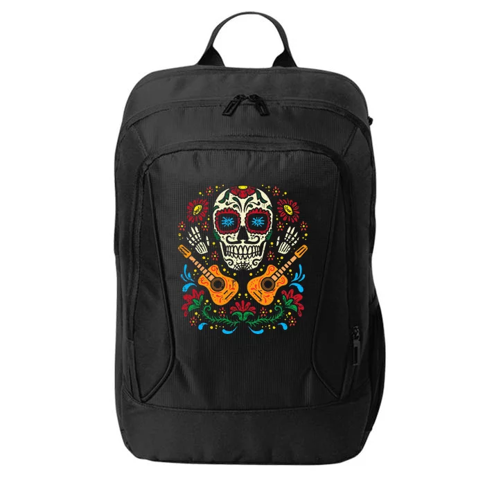 Dia De Muertos Mexican Halloween Sugar Skull Flowers Guitar City Backpack