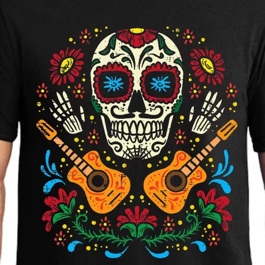 Dia De Muertos Mexican Halloween Sugar Skull Flowers Guitar Pajama Set