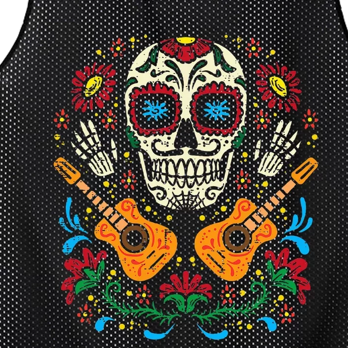 Dia De Muertos Mexican Halloween Sugar Skull Flowers Guitar Mesh Reversible Basketball Jersey Tank