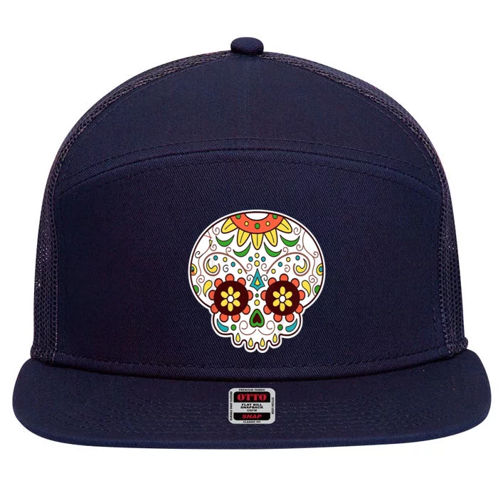 DOD Day Of The Dead Sugar Floral Skull Head 7 Panel Mesh Trucker Snapback Hat