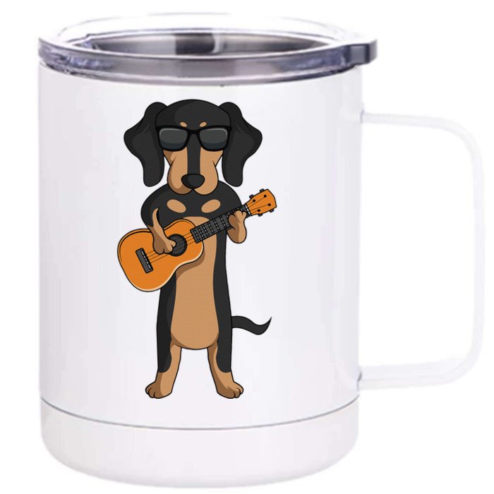 Dachshund Dog Playing Ukulele funny Guitar Front & Back 12oz Stainless Steel Tumbler Cup