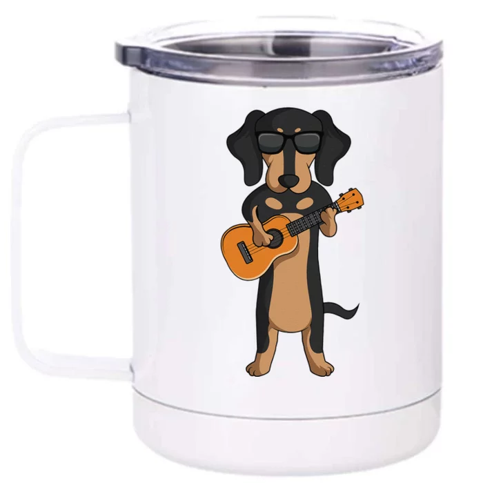 Dachshund Dog Playing Ukulele funny Guitar Front & Back 12oz Stainless Steel Tumbler Cup