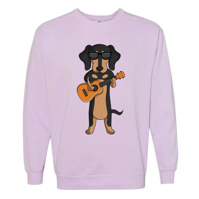 Dachshund Dog Playing Ukulele Guitar Garment-Dyed Sweatshirt