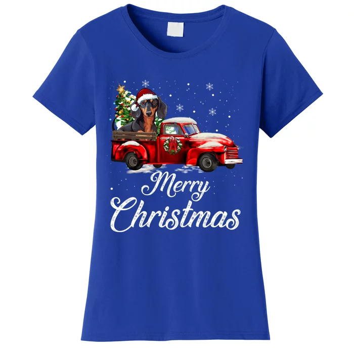 Dachshund Dog Riding Red Truck Christmas Decorations Pajama Gift Women's T-Shirt