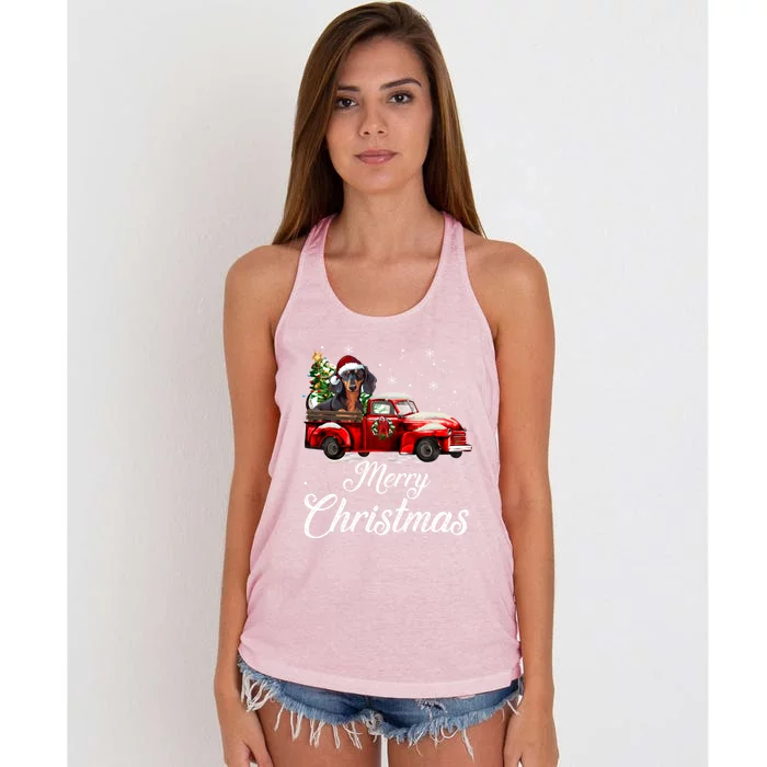 Dachshund Dog Riding Red Truck Christmas Decorations Pajama Gift Women's Knotted Racerback Tank