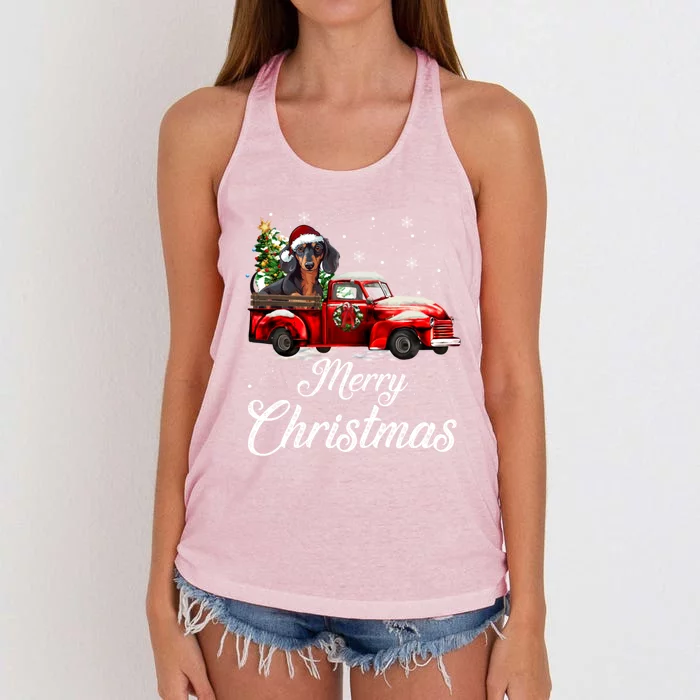 Dachshund Dog Riding Red Truck Christmas Decorations Pajama Gift Women's Knotted Racerback Tank