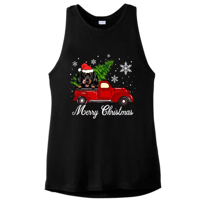 Dachshund Dog Riding Red Truck Christmas Decorations Pajama Gift Ladies Tri-Blend Wicking Tank