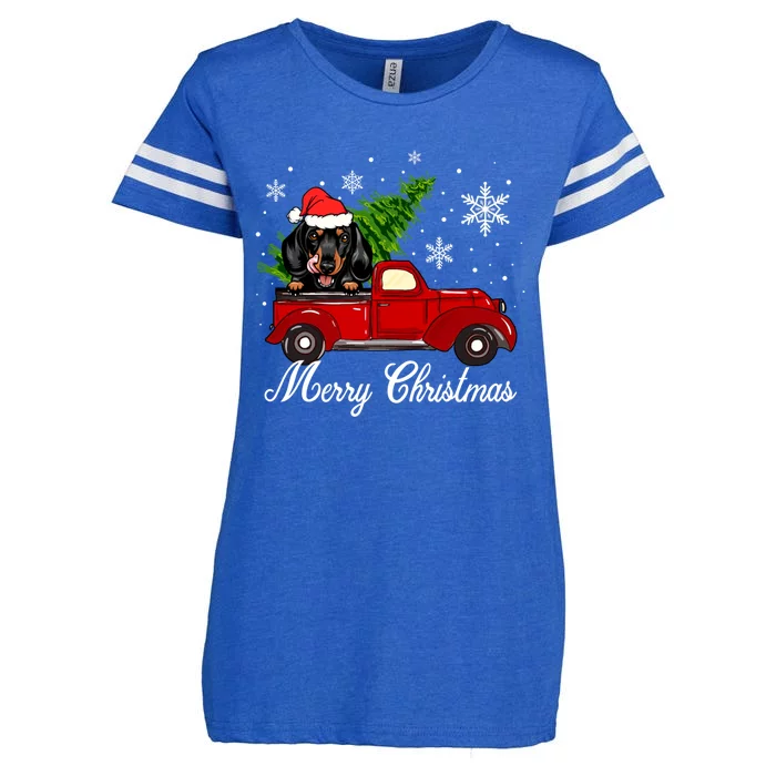 Dachshund Dog Riding Red Truck Christmas Decorations Pajama Gift Enza Ladies Jersey Football T-Shirt