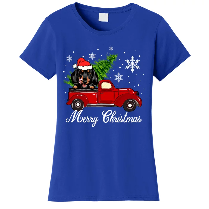 Dachshund Dog Riding Red Truck Christmas Decorations Pajama Cute Gift Women's T-Shirt