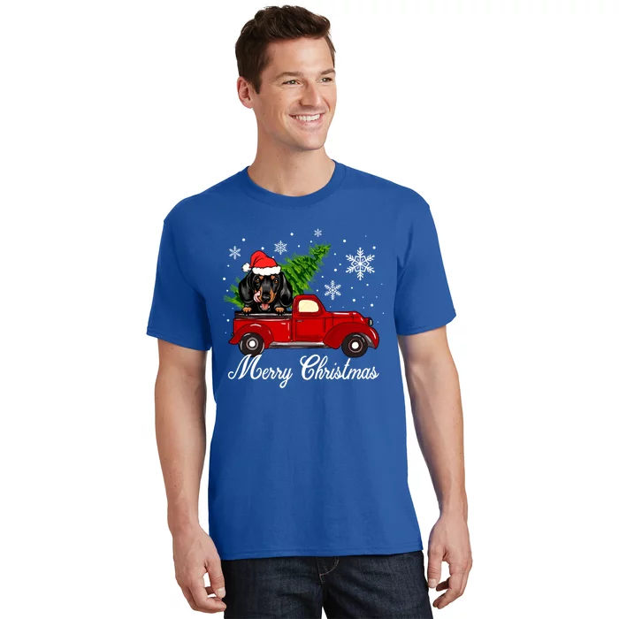 Dachshund Dog Riding Red Truck Christmas Decorations Pajama Gift T-Shirt