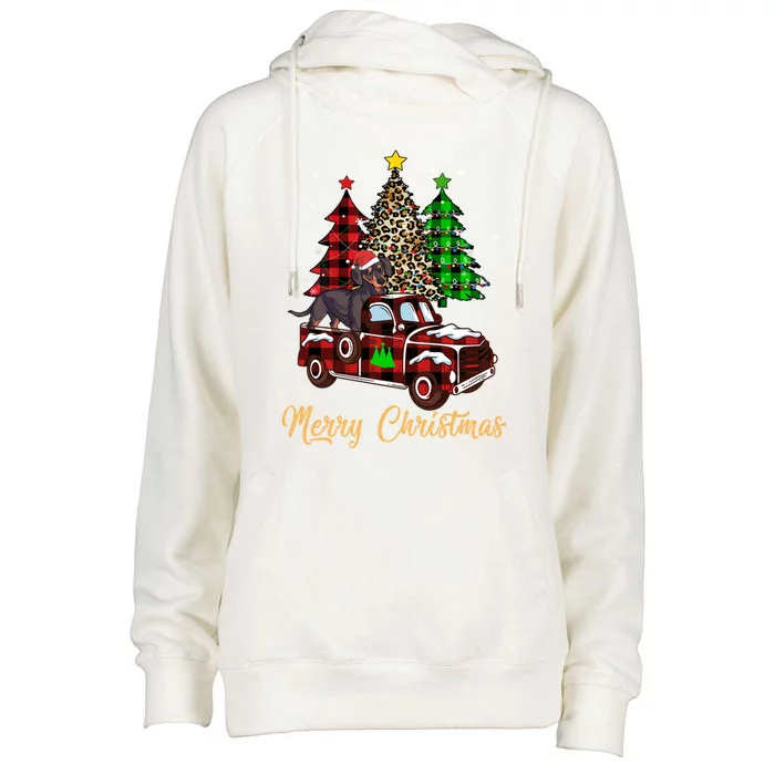 Dachshund Dog Riding Red Truck Christmas Decor Pajama Gift Womens Funnel Neck Pullover Hood