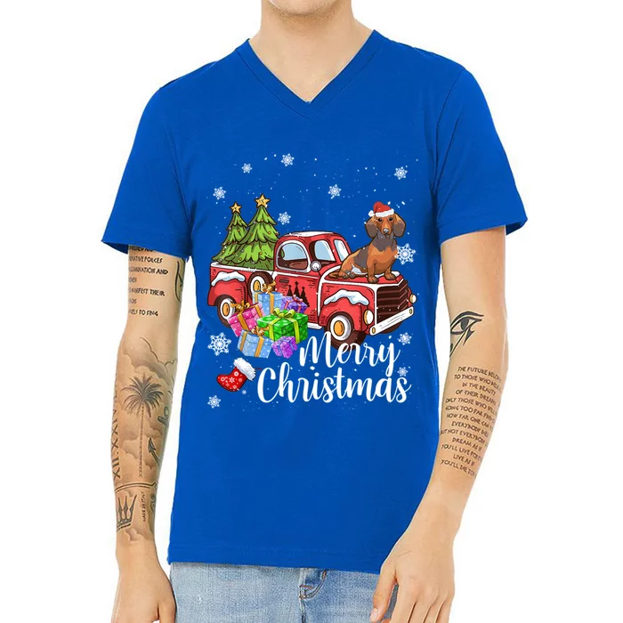 Dachshund Dog Riding Red Truck Christmas Decorations Pajama Gift V-Neck T-Shirt