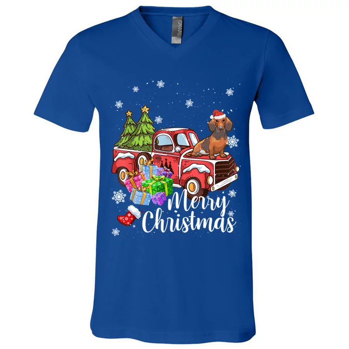 Dachshund Dog Riding Red Truck Christmas Decorations Pajama Gift V-Neck T-Shirt