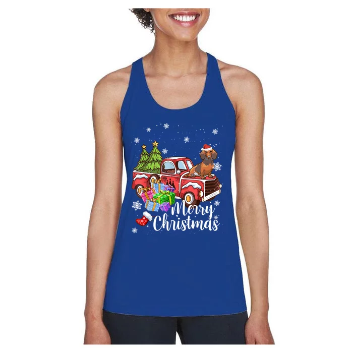 Dachshund Dog Riding Red Truck Christmas Decorations Pajama Gift Women's Racerback Tank