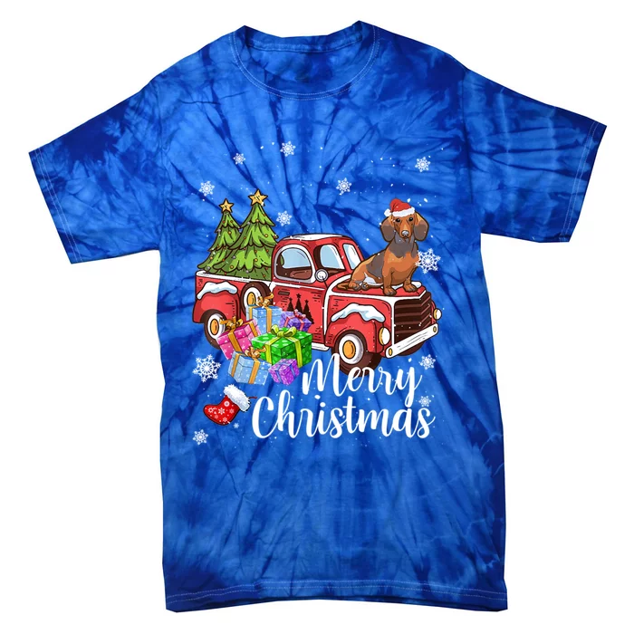 Dachshund Dog Riding Red Truck Christmas Decorations Pajama Gift Tie-Dye T-Shirt