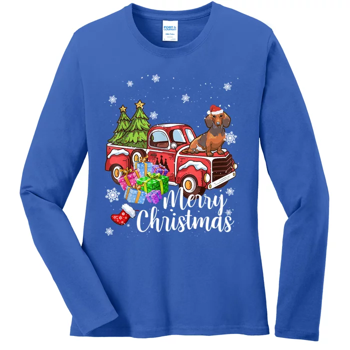 Dachshund Dog Riding Red Truck Christmas Decorations Pajama Gift Ladies Long Sleeve Shirt