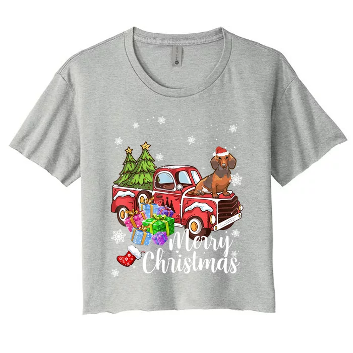 Dachshund Dog Riding Red Truck Christmas Decorations Pajama Gift Women's Crop Top Tee