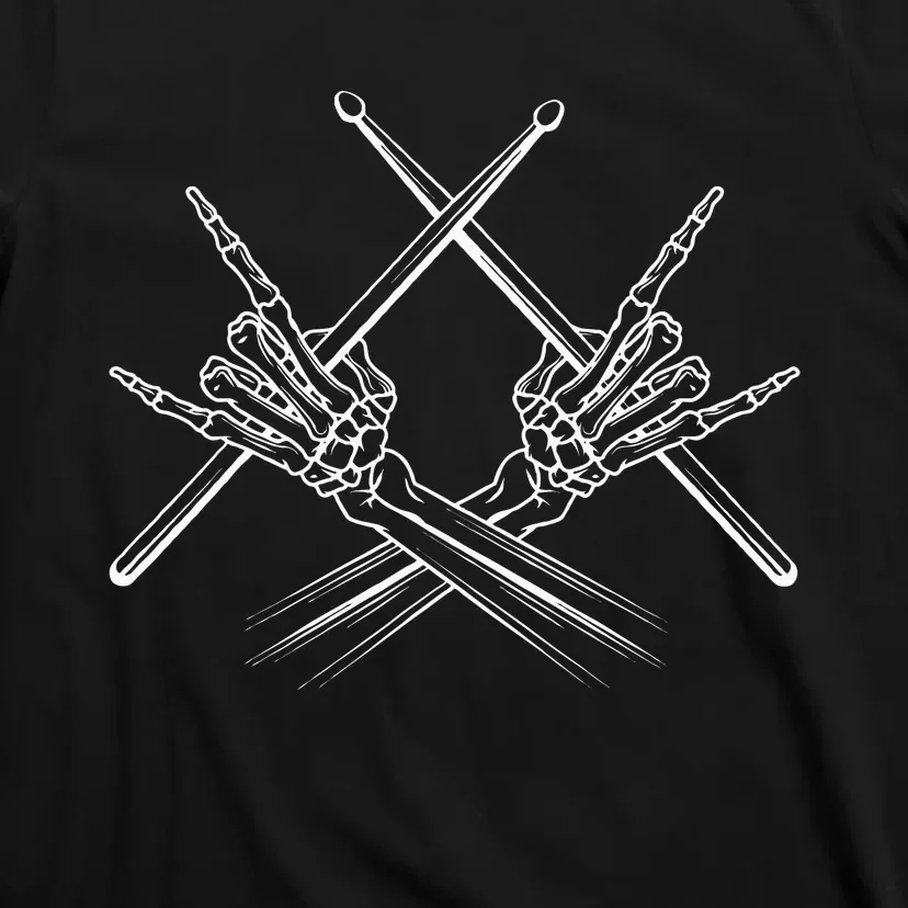 Drummer Drum Sticks Rock & Roll Skeleton Hand Horns T-Shirt