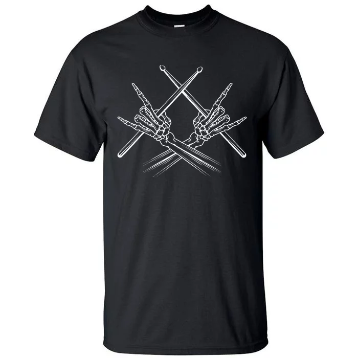 Drummer Drum Sticks Rock & Roll Skeleton Hand Horns Tall T-Shirt