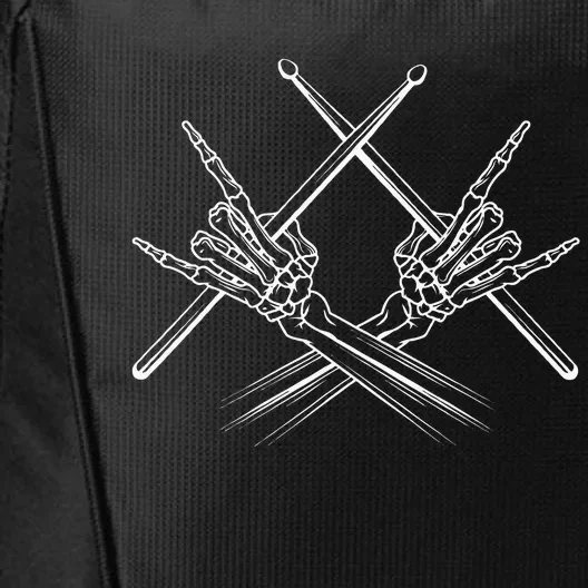 Drummer Drum Sticks Rock & Roll Skeleton Hand Horns City Backpack