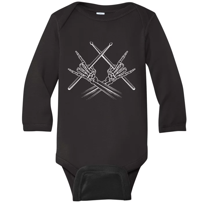 Drummer Drum Sticks Rock & Roll Skeleton Hand Horns Baby Long Sleeve Bodysuit