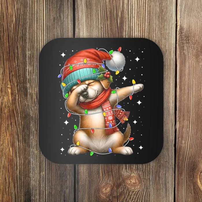 Dabbing Dog Santa Hat Christmas Lights Coaster