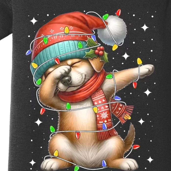 Dabbing Dog Santa Hat Christmas Lights Baby Bodysuit