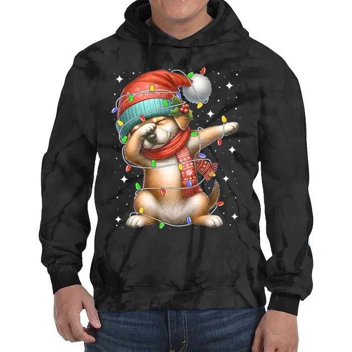 Dabbing Dog Santa Hat Christmas Lights Tie Dye Hoodie