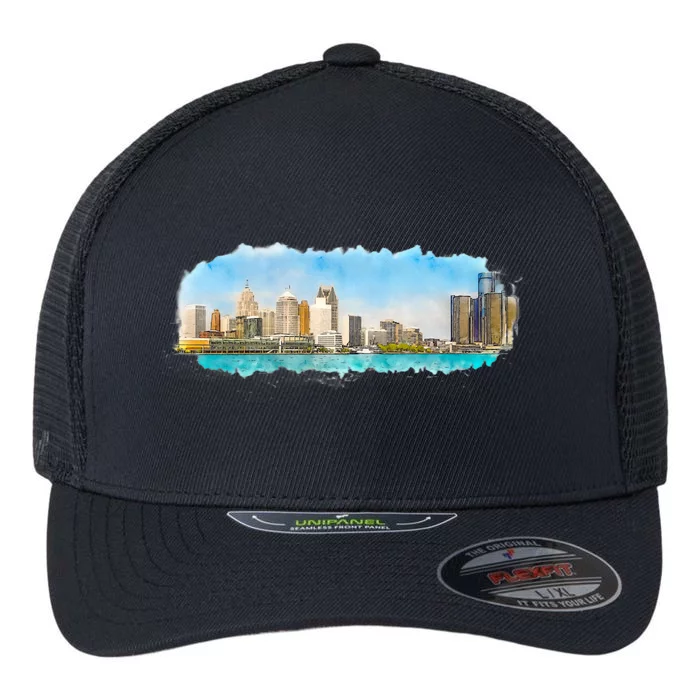 Downtown Detroit Skyline Watercolor Sketch Flexfit Unipanel Trucker Cap