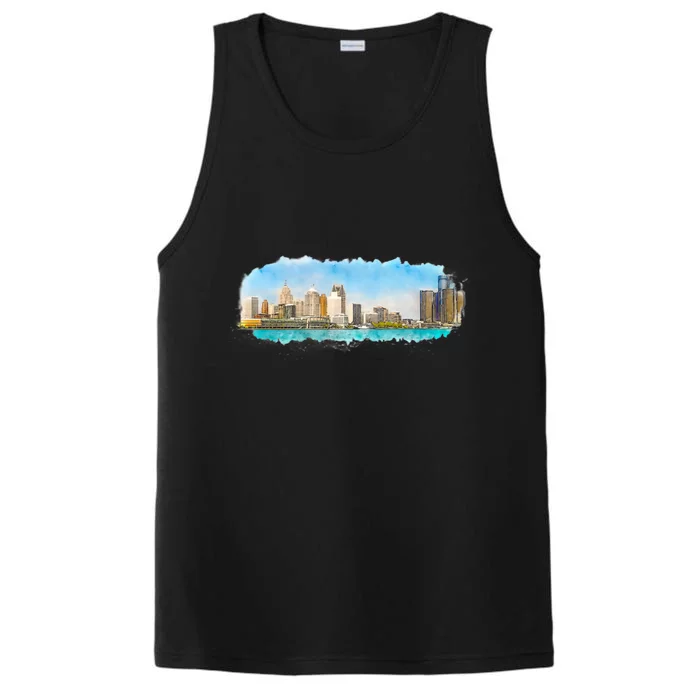 Downtown Detroit Skyline Watercolor Sketch Performance Tank