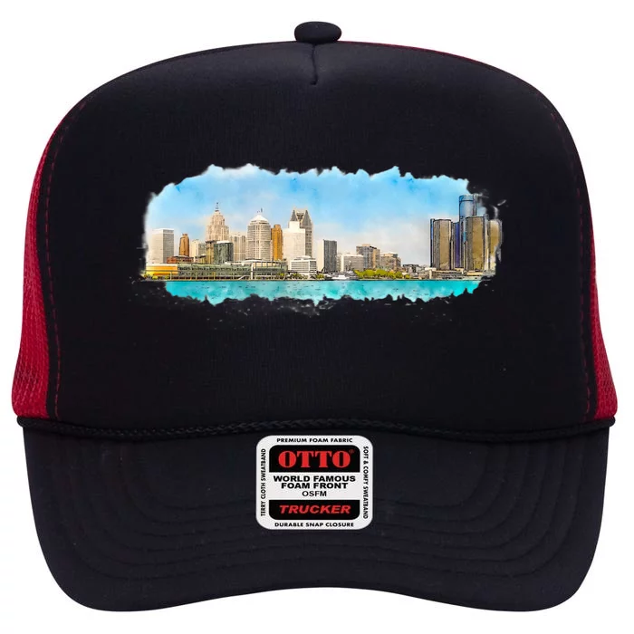 Downtown Detroit Skyline Watercolor Sketch High Crown Mesh Trucker Hat