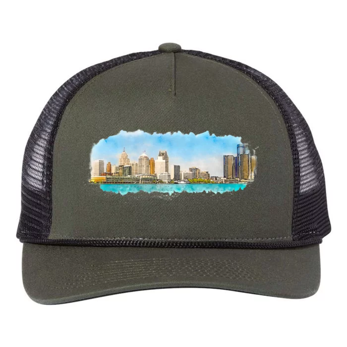 Downtown Detroit Skyline Watercolor Sketch Retro Rope Trucker Hat Cap