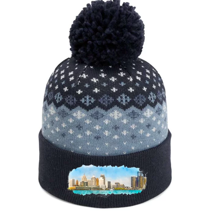 Downtown Detroit Skyline Watercolor Sketch The Baniff Cuffed Pom Beanie