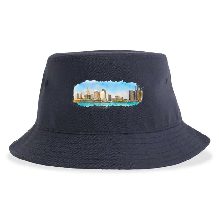 Downtown Detroit Skyline Watercolor Sketch Sustainable Bucket Hat