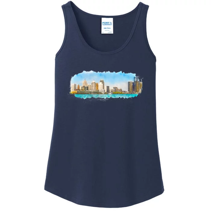 Downtown Detroit Skyline Watercolor Sketch Ladies Essential Tank